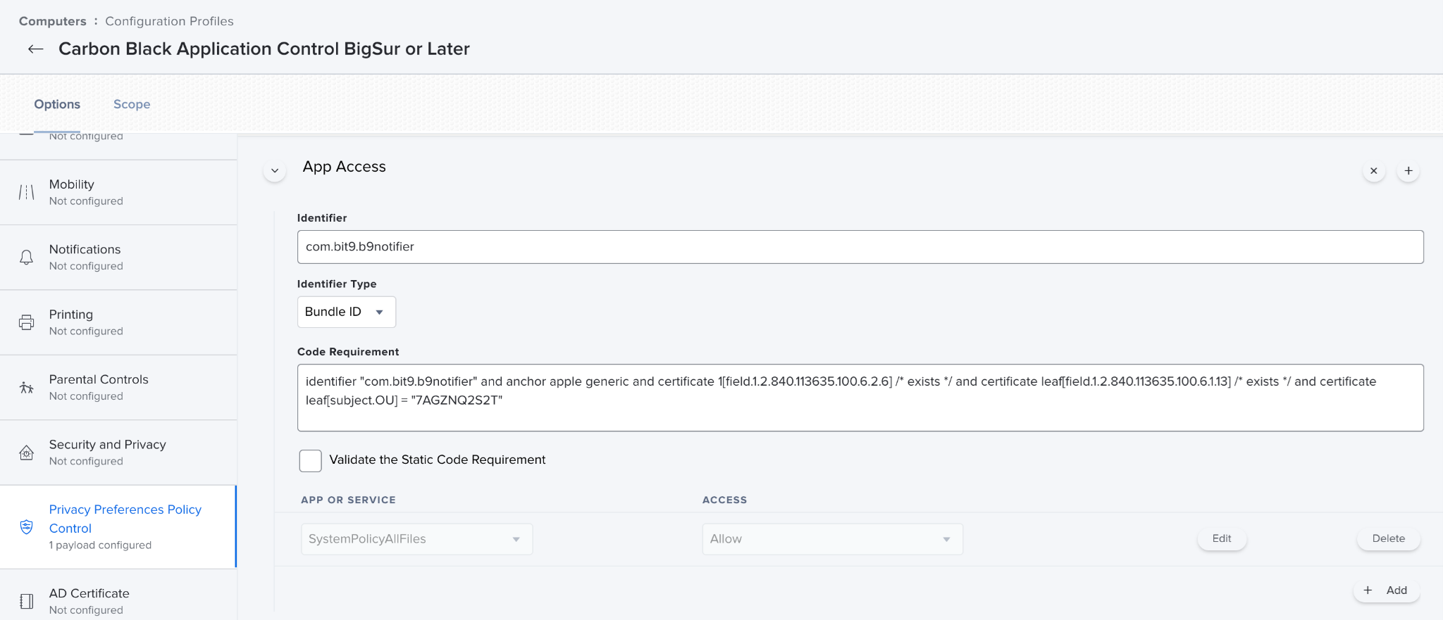 The Privacy Preferences Policy Control section with the second App Access sub-payload added from the details in the table above