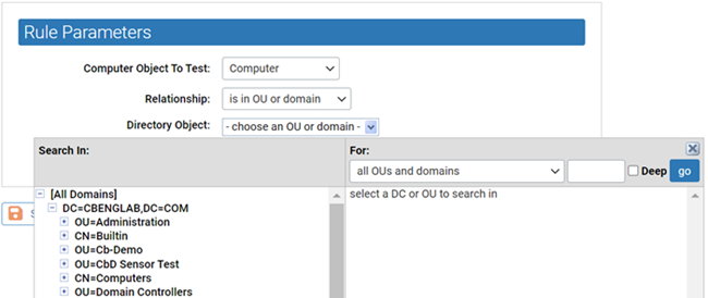 The Relationship field showing the selection "is in OU or domain" and the AD browser for the Directory Object field