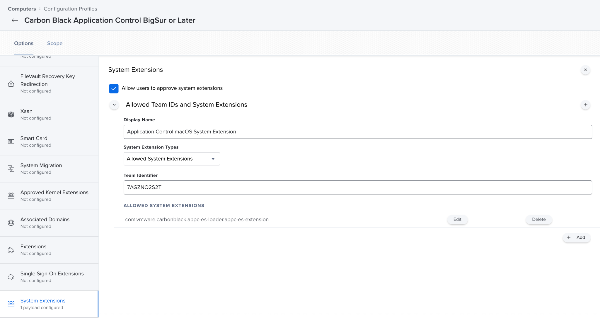 The Configuration Profile showing the System Extensions section