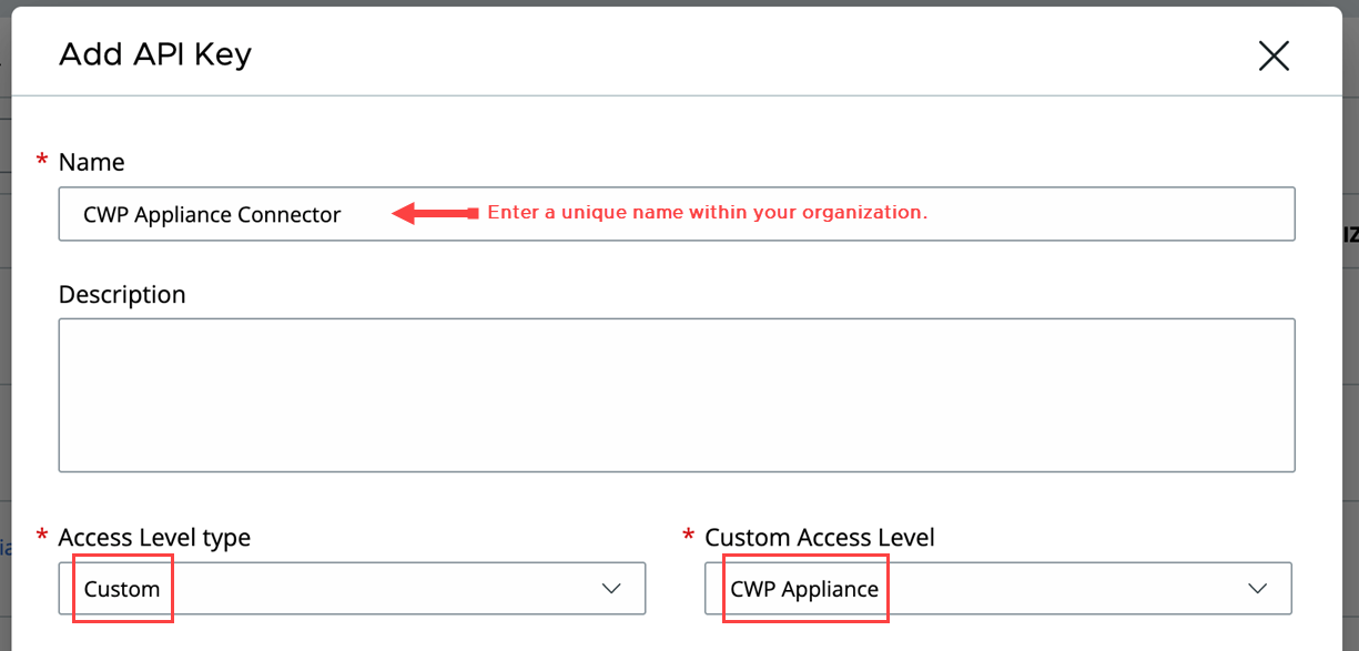The Add API Key page where you can name the key and define custom access level.