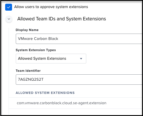 The JAMF configuration allowing users to approve system extensions