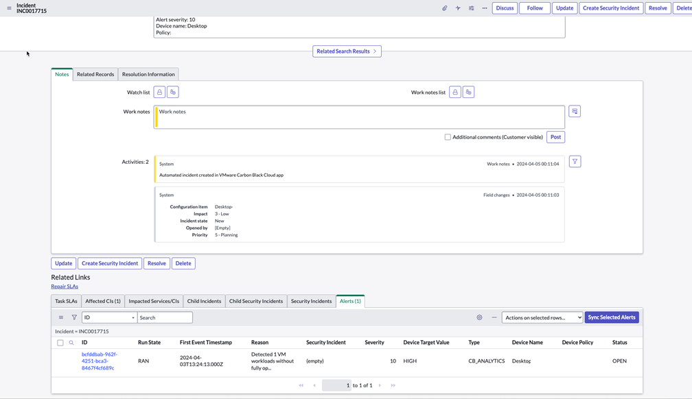 Alerts table after you have configured Related Lists