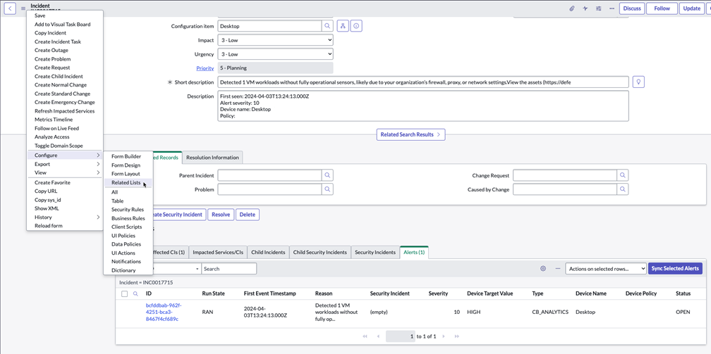 Alerts tab with list of associated alerts