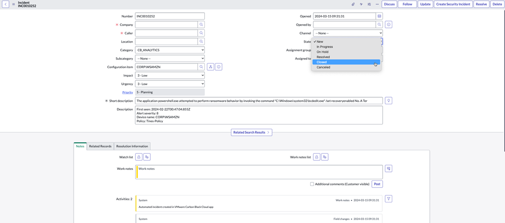 Close the ITSM incident