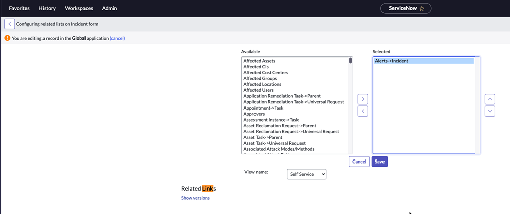 View selected associated alerts in table in ServiceNow