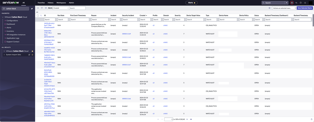 Carbon Black Cloud alerts in ServiceNOW