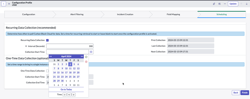 Collection Start Time calendar from which to select a start date