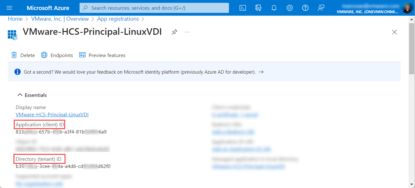 Public identifiers of the Azure Active Directory application in an Active Directory instance and the instance.