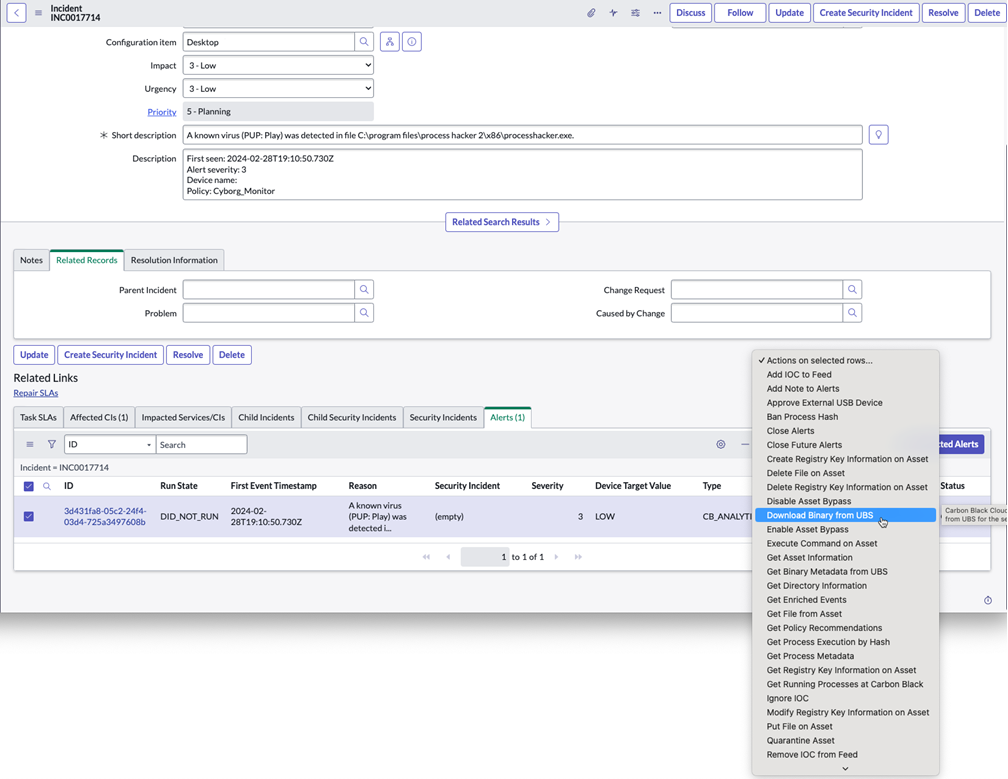 SOAR actions in alerts