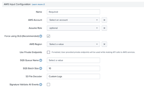 AWS input configuration screen for Splunk SIEM