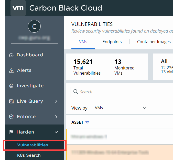 Accessing vulnerabilities under Harden when the Container Security feature is enabled.