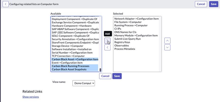 Example move Event Configuration from Available to Selected