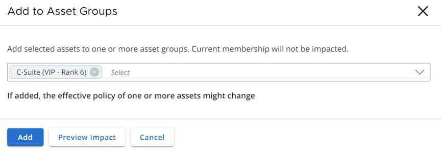 Example of manually adding an asset to asset groups