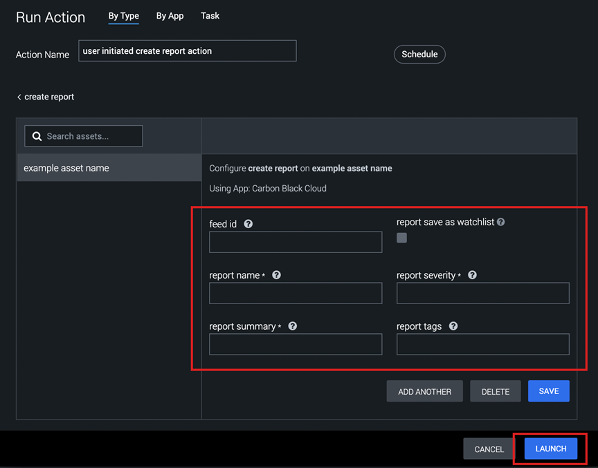 For SOAR run action access, enter input parameters and click Launch