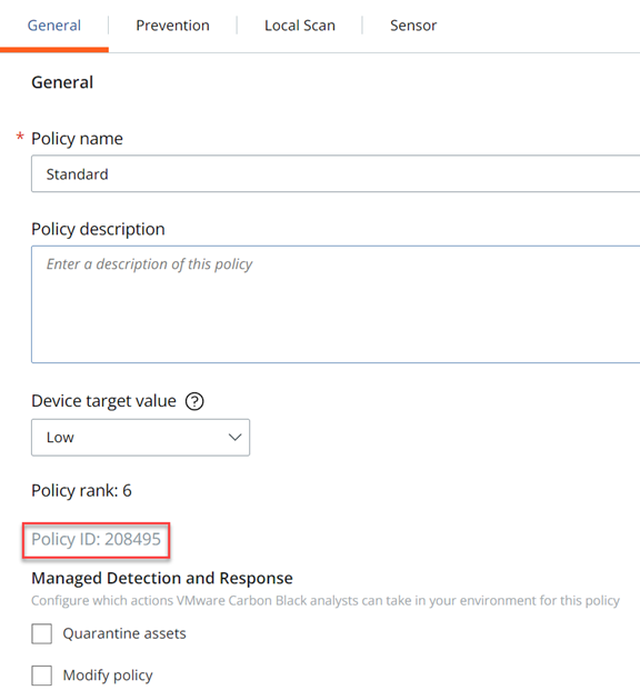 Policy ID on the General tab of the Policies page
