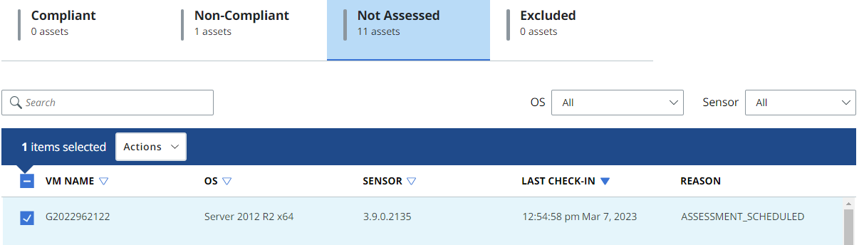 The Actions tab for the non-assessed asset option