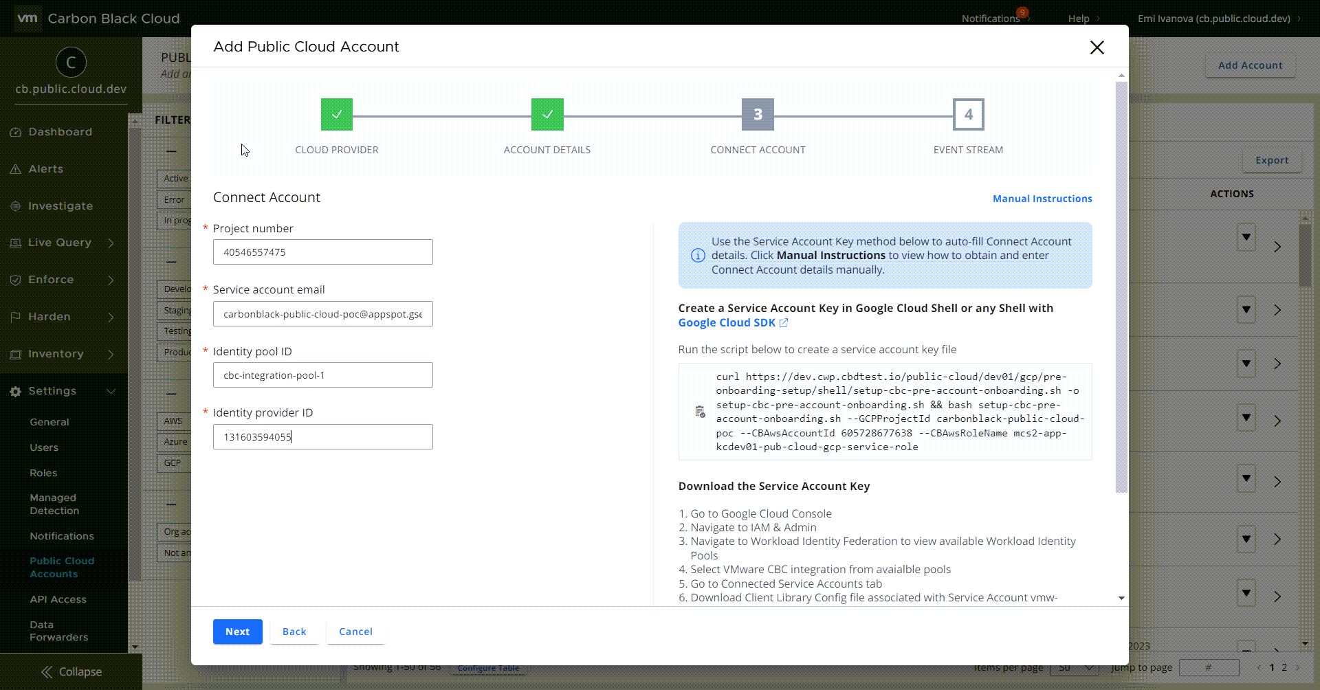 Data that goes into the Carbon Black Cloud wizard for onboarding the GCP project/account.