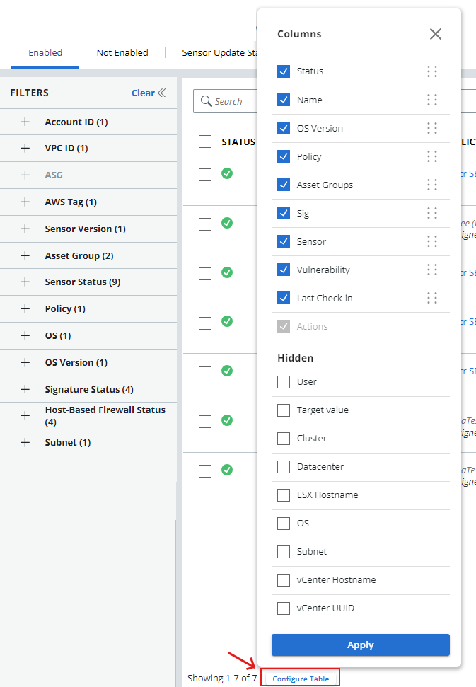 AWS Workloads table column show and hide options