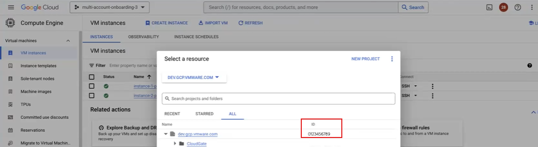 The Select a Resource window in the Google Cloud Platform console displaying the org ID location and value.