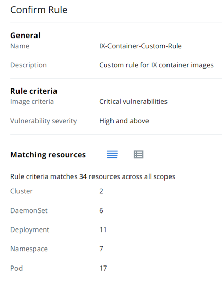 Confirm Rule page for a custom container images rule