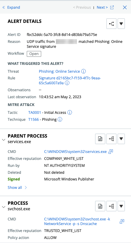 Example of the Process and Netconn details on the Alert Details pane