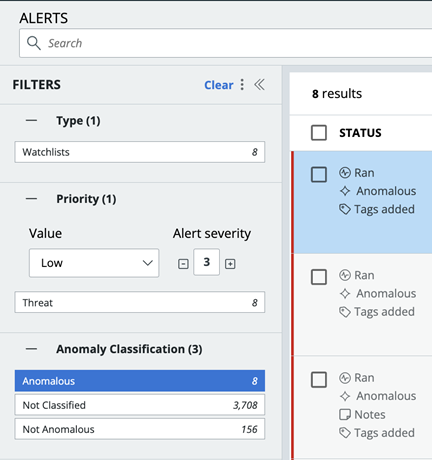 Alerts page with Anomaly Classification filter and three alert categories