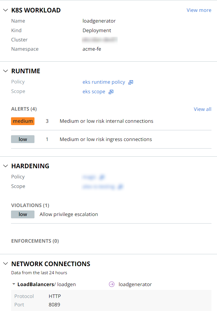 Details for a Kubernetes workload in the network map