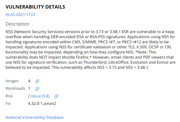 Vulnerability Details panel on the Vulnerabilities/Container Images page