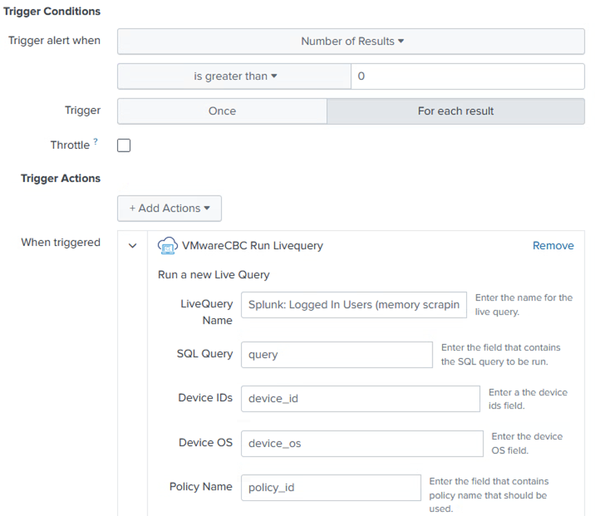 Splunk SIEM Run Livequery window