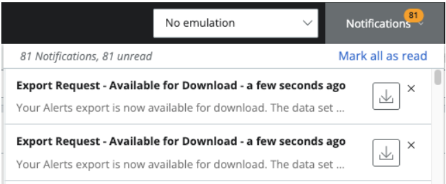 Notification that the alert details export is available for download