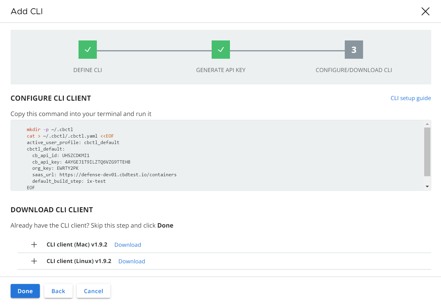 Image of the final screen to configure CLI