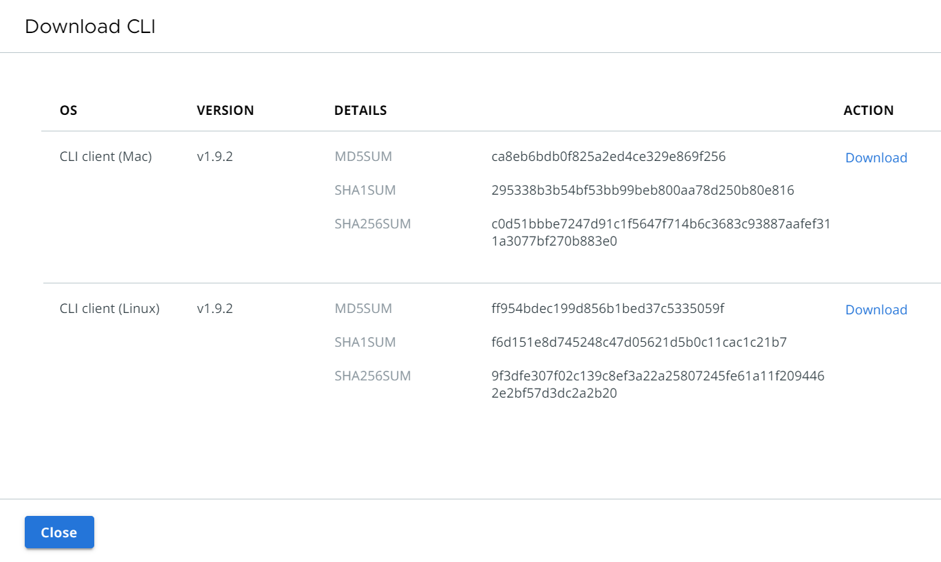 Download CLI window on the Clusters page