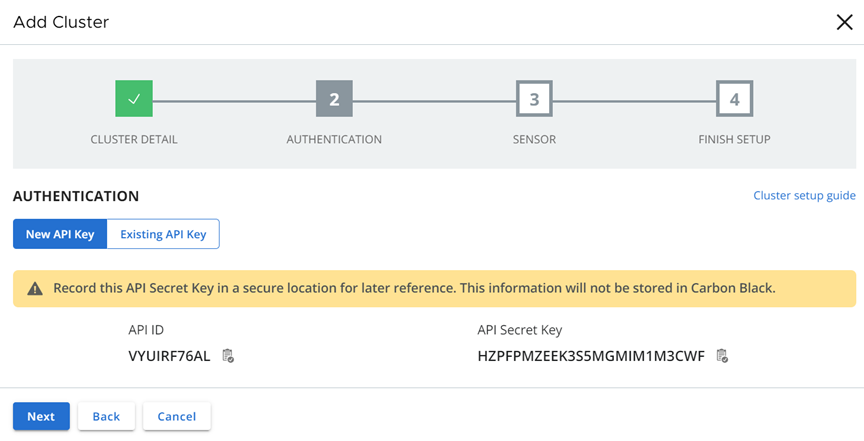 Add a new API key panel with warning