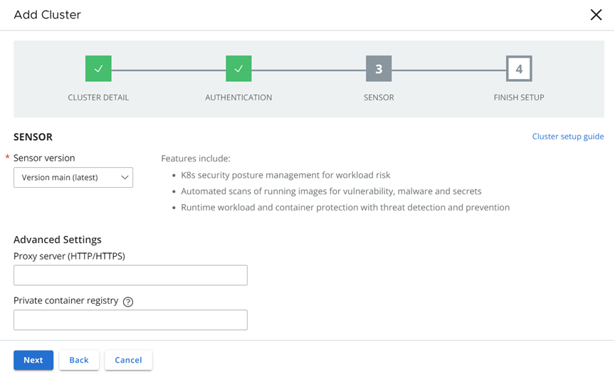 When adding a cluster, specify the sensor version and advanced options