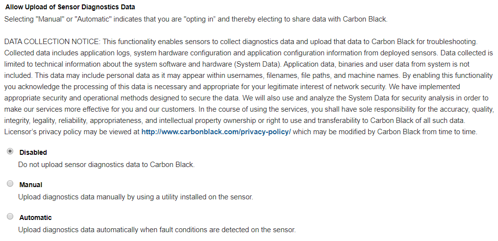 Carbon Black EDR Allow Upload of Sensor Diagnostic Data Message