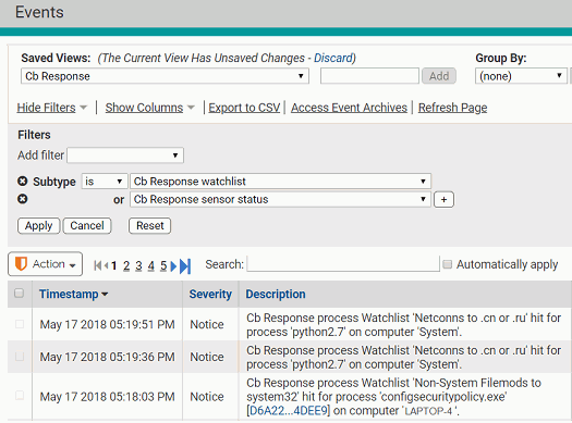 The Carbon Black EDR events view displaying the event action details