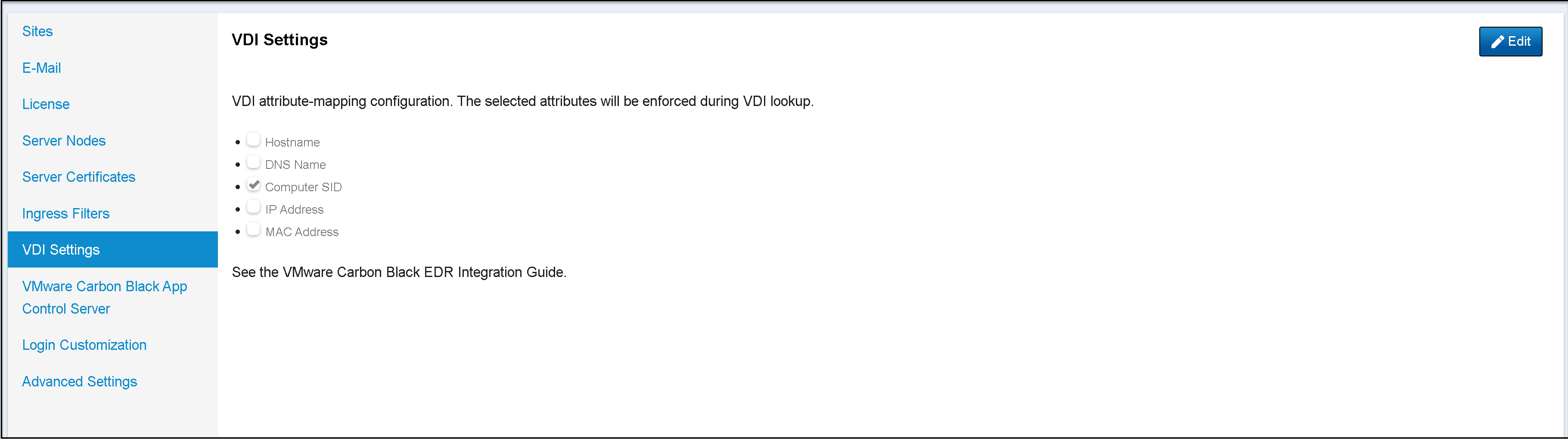 VDI Attribute Mapping Settings in the Console UI