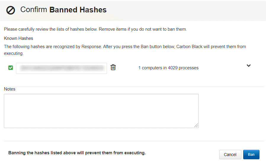 The confirm banned hashes page