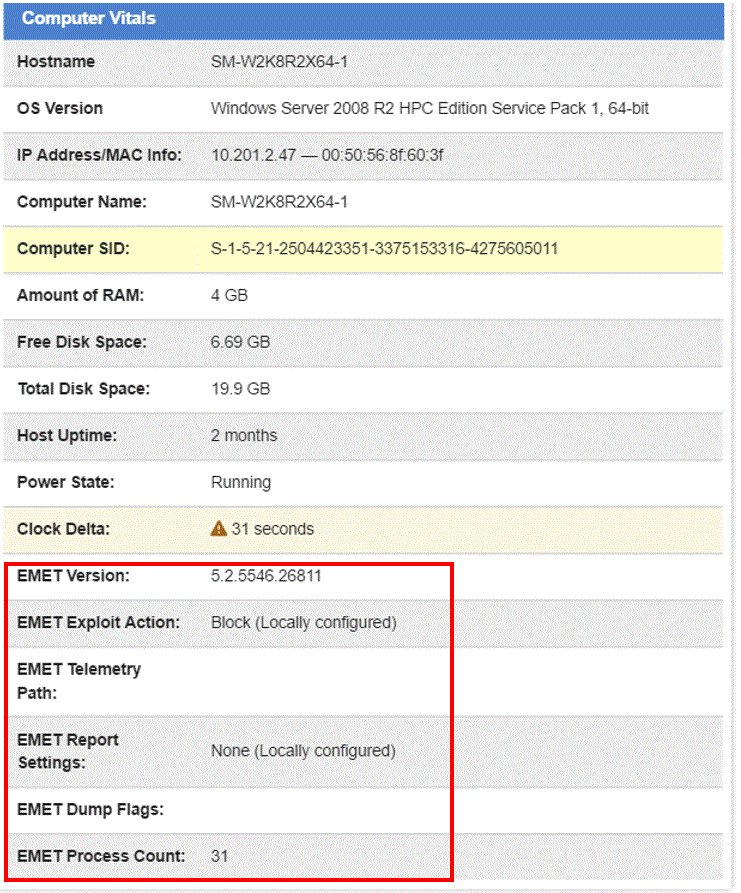 The computer vitals panel displaying the emet vitals and details