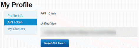 The my profile panel displaying the API tab and the Reset API token option