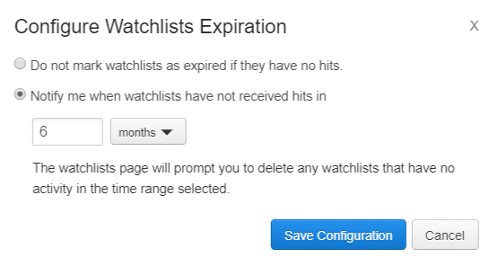 The configure watchlists expiration