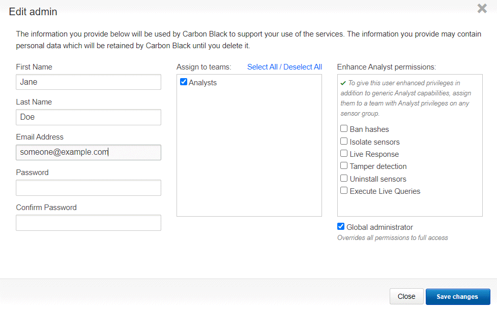 The Edit Admin page displaying the enhance analyst permissions panel with the permission checkboxes
