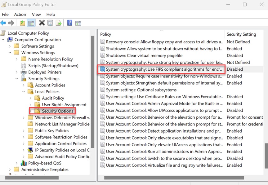 Group Policy Editor showing system cryptography setting
