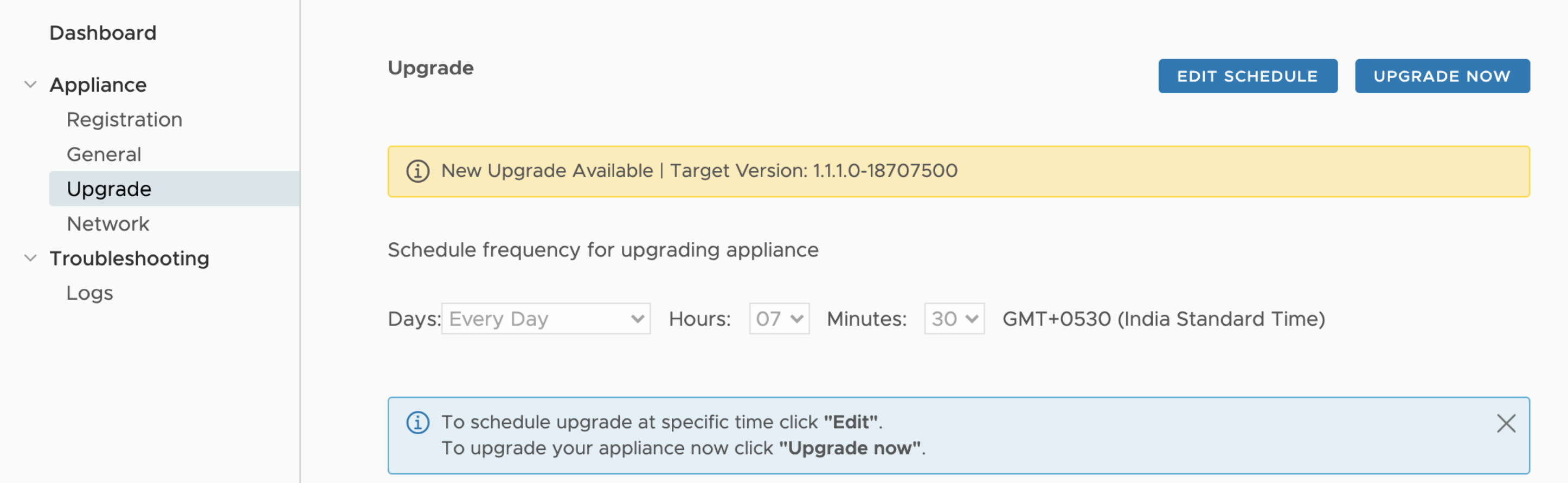 Schedule an upgrade for the appliance.