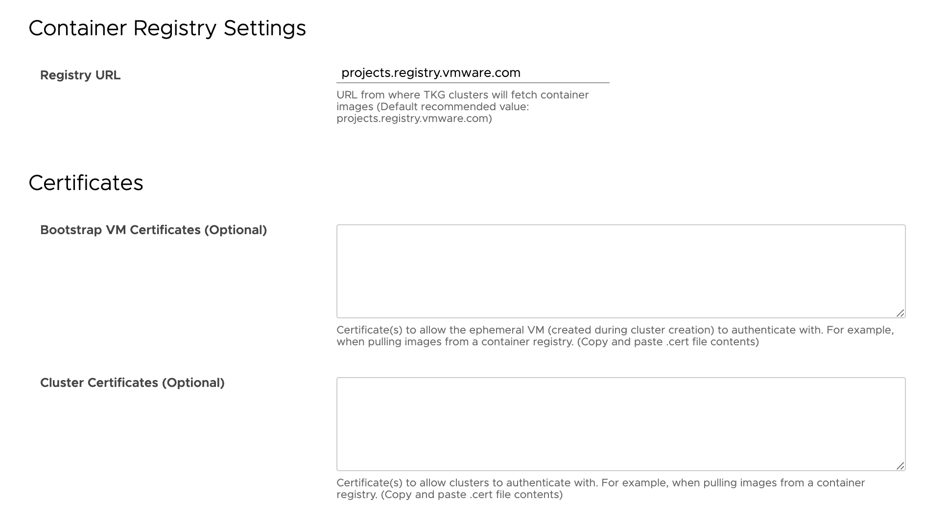 This screenshot details the container registry settings in the Kubernetes Container Cluster UI plug-in.