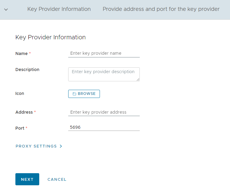 Filling in key provider details in VMware Cloud Director Encryption Management.