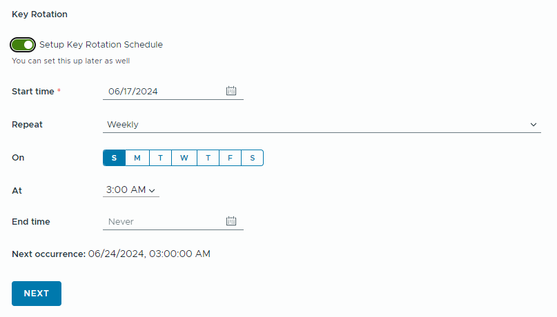 Filling in key rotation schedule details in VMware Cloud Director Encryption Management.