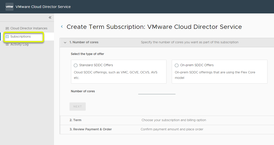 A screenshot of the Subscriptions tab of the VMware Cloud Director service UI with the first screen of the Create Subscription wizard