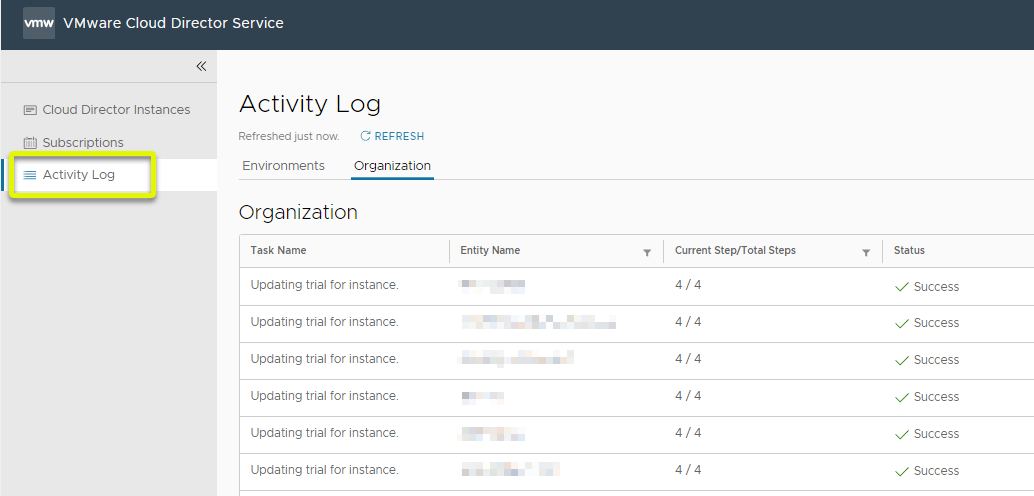 A screenshot of the Activity Log screen in the VMware Cloud Director service UI